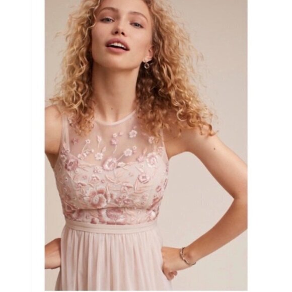 Anthropologie BHLDN Baldwin Pink Rose Tulle Floral Embroidered 10 Maxi Dress - Picture 2 of 12